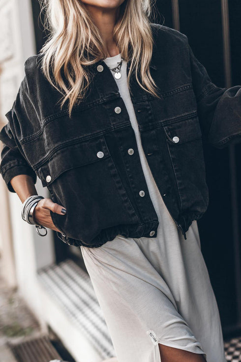 Metal Buttons Flap Pocket Drop Shoulder Denim Jacket